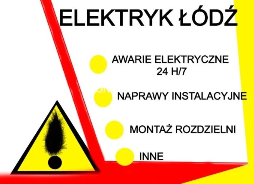 Grafika reklamowa elektryka z Łodzi, oferującego awarie elektryczne 24/7, naprawy instalacyjne, montaż rozdzielni i inne usługi, z symbolem ostrzegawczym.