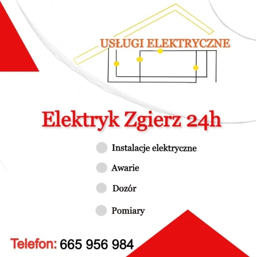 Reklama usług elektrycznych w Zgierzu, schemat instalacji, kontakt telefoniczny.