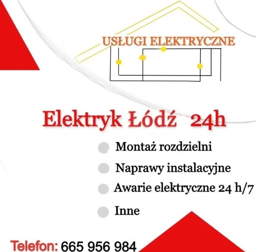 Grafika reklamowa elektryka z Łodzi oferującego usługi 24h, w tym montaż rozdzielni i naprawy instalacyjne, z schematycznym rysunkiem instalacji elektrycznej i numerem telefonu.