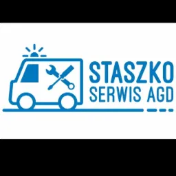 Niebieskie logo firmy Staszko Serwis AGD z ikoną furgonetki i skrzyżowanymi narzędziami.