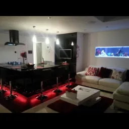 Nowoczesne wnętrze: czarna wyspa kuchenna z czerwonym podświetleniem, biała sofa z dekoracyjnymi poduszkami i akwarium w ścianie.