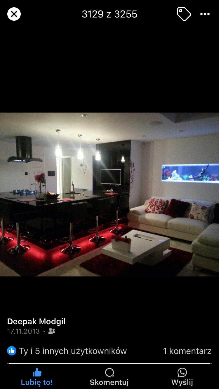 Nowoczesne wnętrze: czarna wyspa kuchenna z czerwonym podświetleniem, biała sofa z dekoracyjnymi poduszkami i akwarium w ścianie.