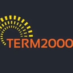 Logo firmy TERM2000 z symbolem słońca w kolorach żółto-pomarańczowych na ciemnoszarym tle.