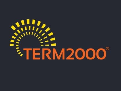 Logo firmy TERM2000 z symbolem słońca w kolorach żółto-pomarańczowych na ciemnoszarym tle.