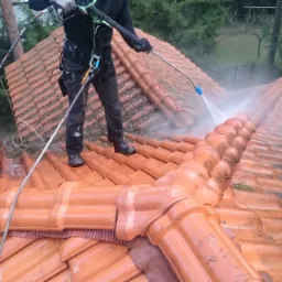 Pracownik w uprzęży zabezpieczającej czyści dach z pomarańczowej dachówki ceramicznej za pomocą myjki ciśnieniowej, widoczny komin z cegły i zarośla na dachu.