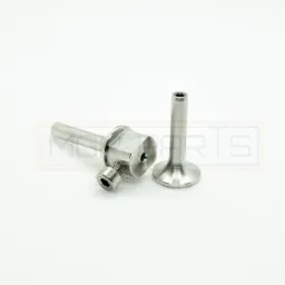 Dwa precyzyjnie wykonane, metalowe elementy, prawdopodobnie zawory, leżące na białym tle. Jeden element leży na boku, ukazując śrubę imbusową.