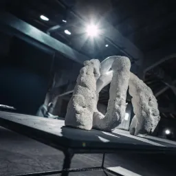 Abstrakcyjna rzeźba z szarego, porowatego materiału na czarnym stole w przestronnym, słabo oświetlonym wnętrzu z widocznymi lampami sufitowymi i osobą w tle.