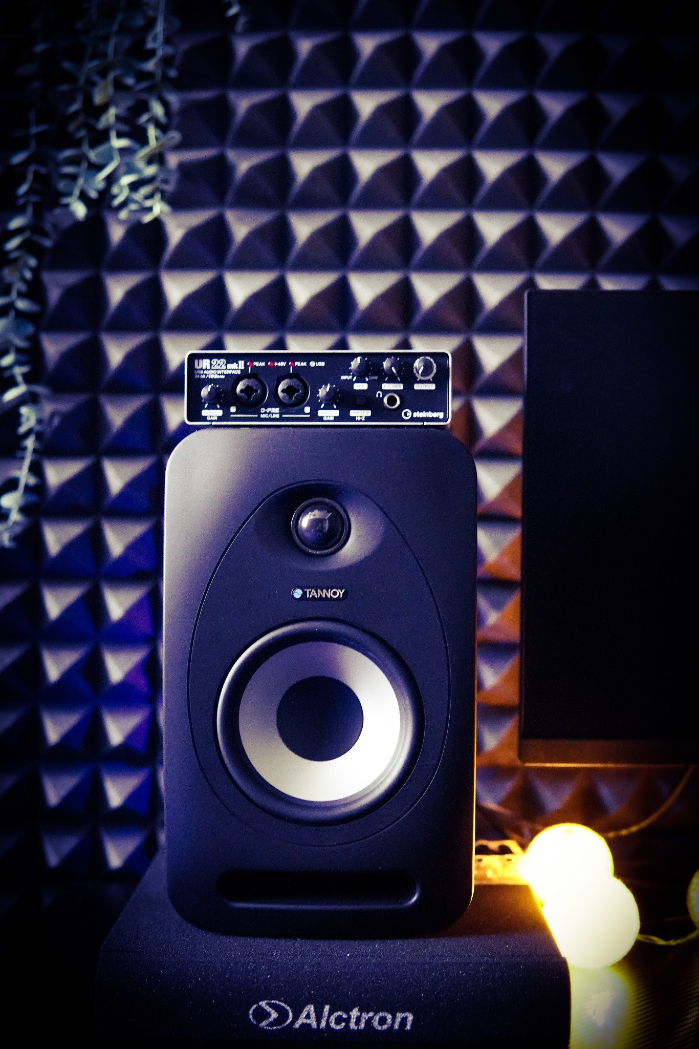 Studyjny monitor Tannoy z interfejsem audio Steinberg UR22mkII na tle akustycznej pianki, oświetlony dekoracyjnymi lampkami.