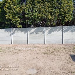 CZU-BART - Nowoczesny, prefabrykowany płot betonowy o fakturze drewna, oddzielający posesję od zieleni drzew. Widoczne elementy montażowe i surowy teren przed ogrodzeniem.