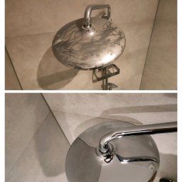 JB Flash - Porównanie: Zabrudzona i wyczyszczona deszczownica prysznicowa z chromowaną powierzchnią na tle beżowych płytek.