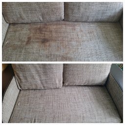 JB Flash - Tapicerka sofy: widoczna plama przed czyszczeniem (górna część) i po czyszczeniu (dolna część).