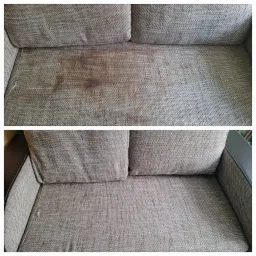 Tapicerka sofy: widoczna plama przed czyszczeniem (górna część) i po czyszczeniu (dolna część).