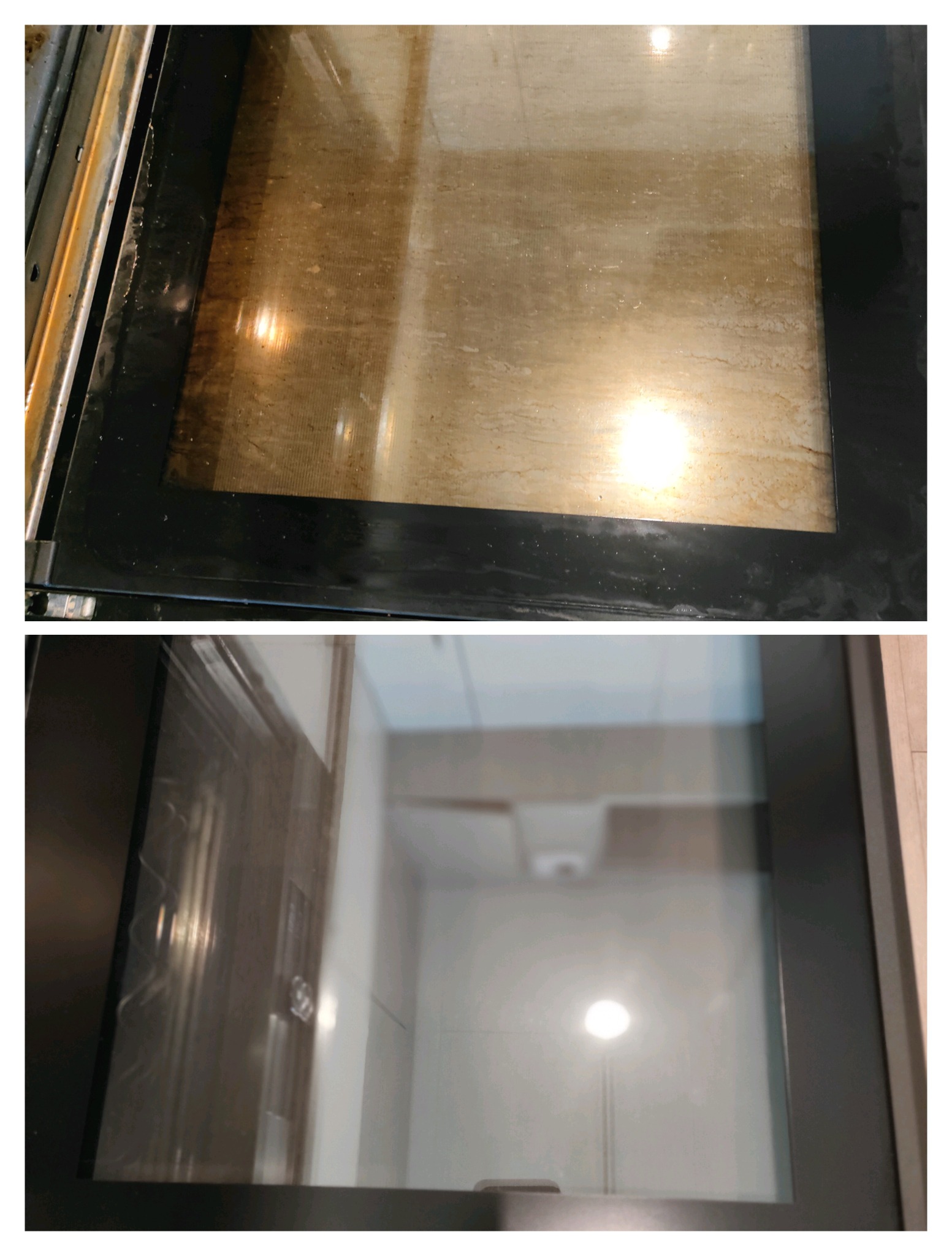 Porównanie: Brudna szyba piekarnika przed czyszczeniem, z widocznymi plamami i zabrudzeniami, kontra czysta, lśniąca szyba po umyciu, odbijająca wnętrze kuchni.