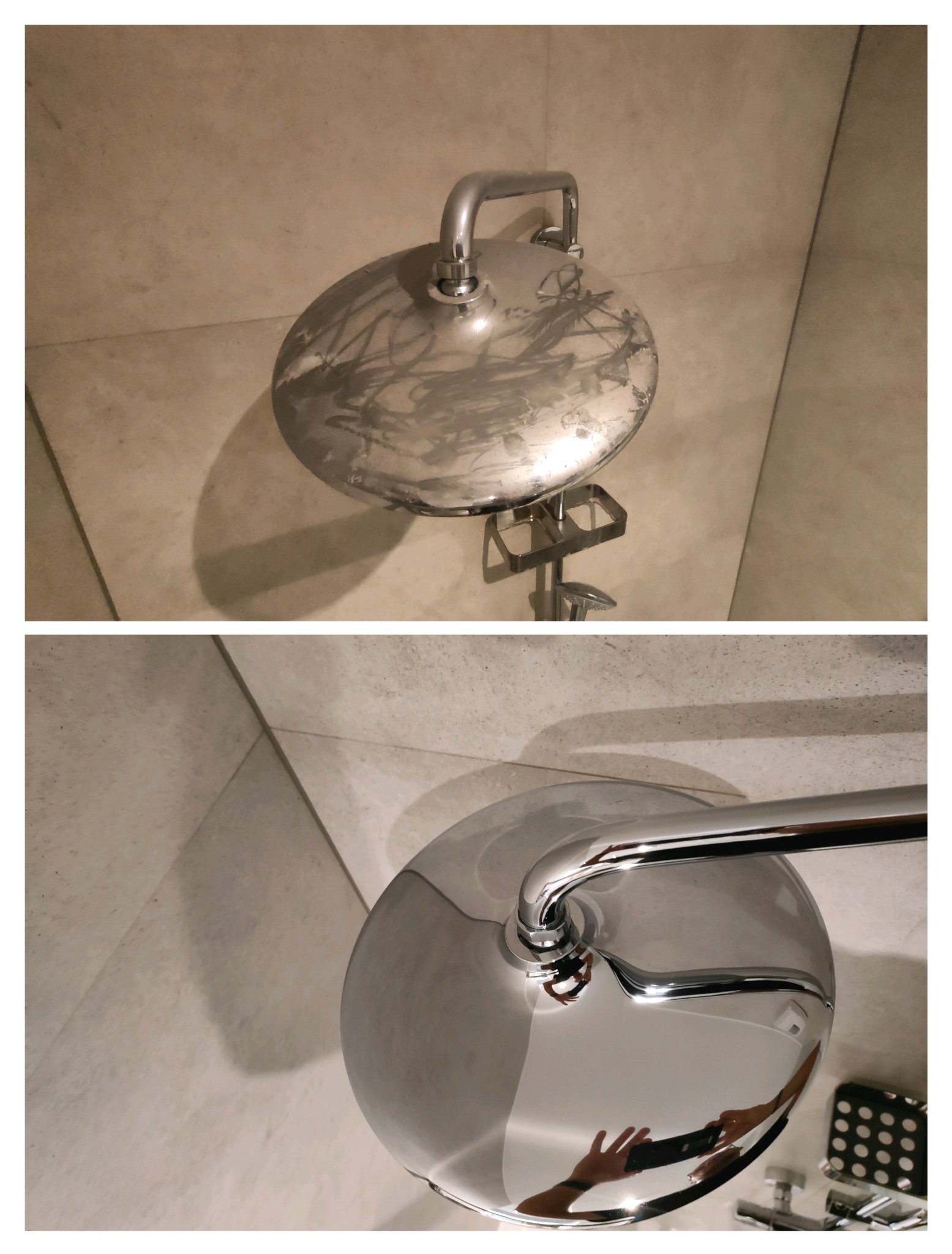 Porównanie: Zabrudzona i wyczyszczona deszczownica prysznicowa z chromowaną powierzchnią na tle beżowych płytek.