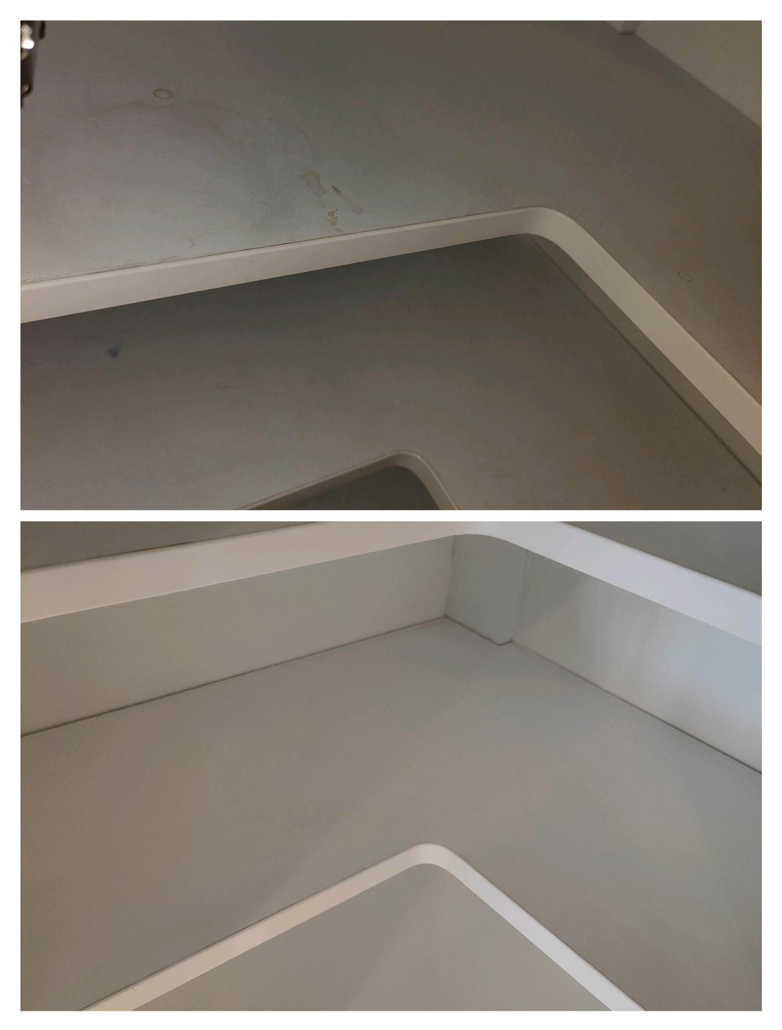 Porównanie stanu blatu przed i po czyszczeniu: górna część z widocznymi plamami i zabrudzeniami, dolna część czysta z wyraźnym białym obramowaniem.