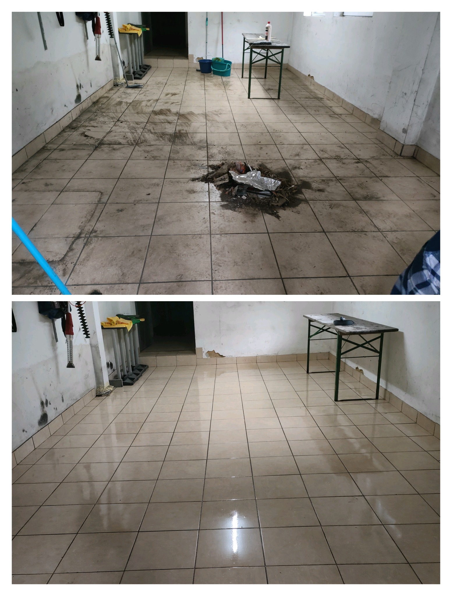 Porównanie stanu podłogi przed i po czyszczeniu: widoczny brud i resztki gruzu na kafelkach przed, a następnie lśniąca, czysta podłoga po umyciu. W tle widoczne narzędzia i akcesoria do sprzątania.