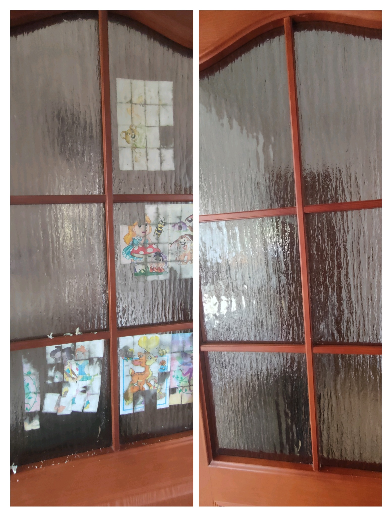 Drewniane drzwi z szybą, na której przyklejone są obrazki z postaciami z bajek, wykonane z pociętych kartek, niektóre z nich częściowo odklejone.