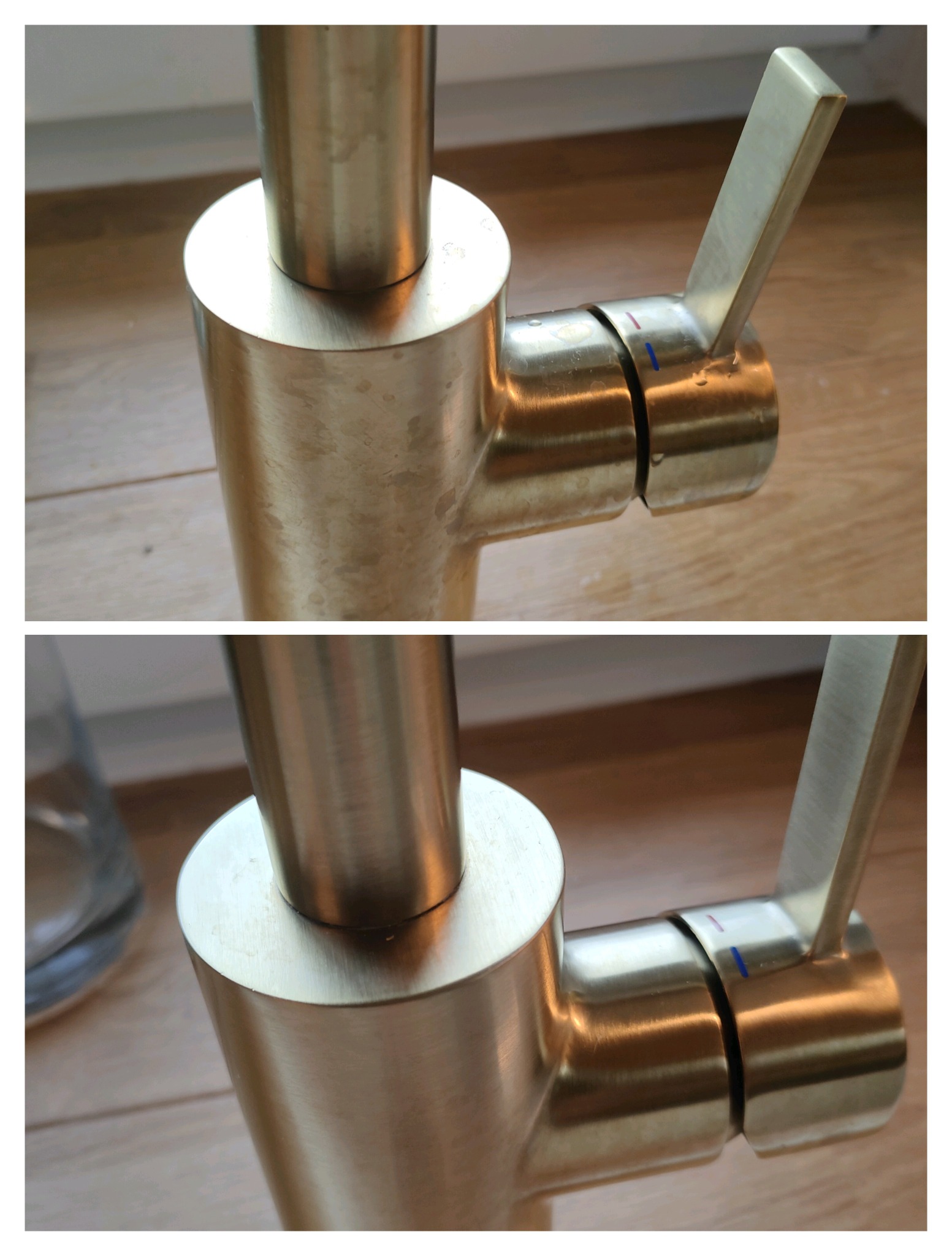 Porównanie: matowa, zabrudzona bateria kuchenna przed i po czyszczeniu, widoczne zacieki i osady usunięte, powierzchnia błyszcząca.