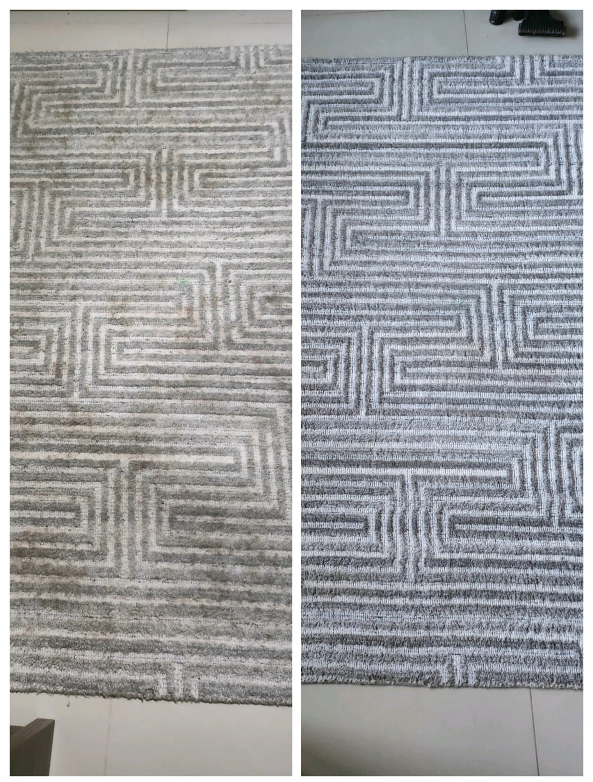 Porównanie dywanu przed i po czyszczeniu: po lewej stronie widoczne zabrudzenia, po prawej czysty dywan z geometrycznym wzorem.