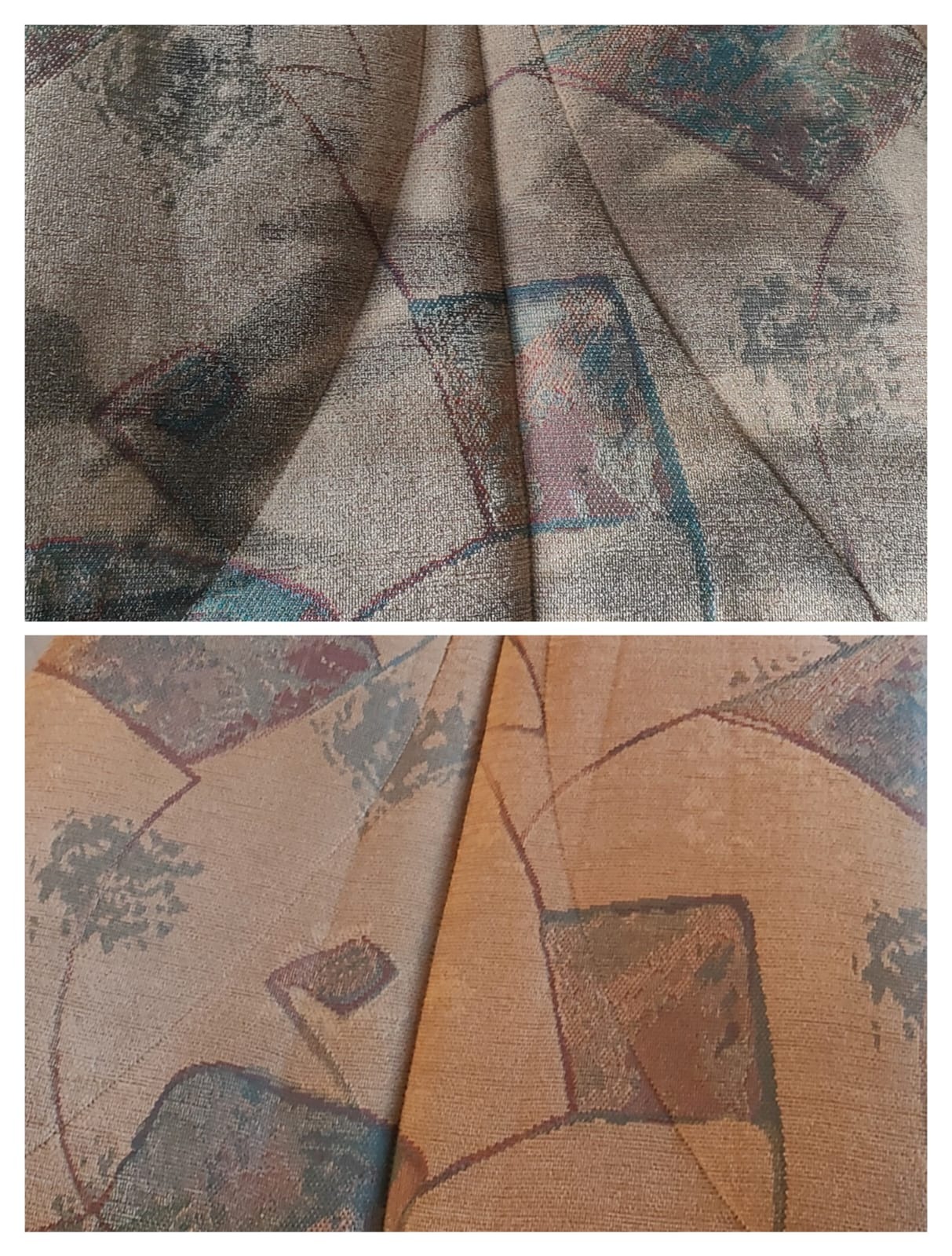 Dwa ujęcia struktury materiału dywanu z geometrycznym wzorem w odcieniach beżu, brązu i zieleni, pokazujące jego fakturę i potencjalne zabrudzenia.