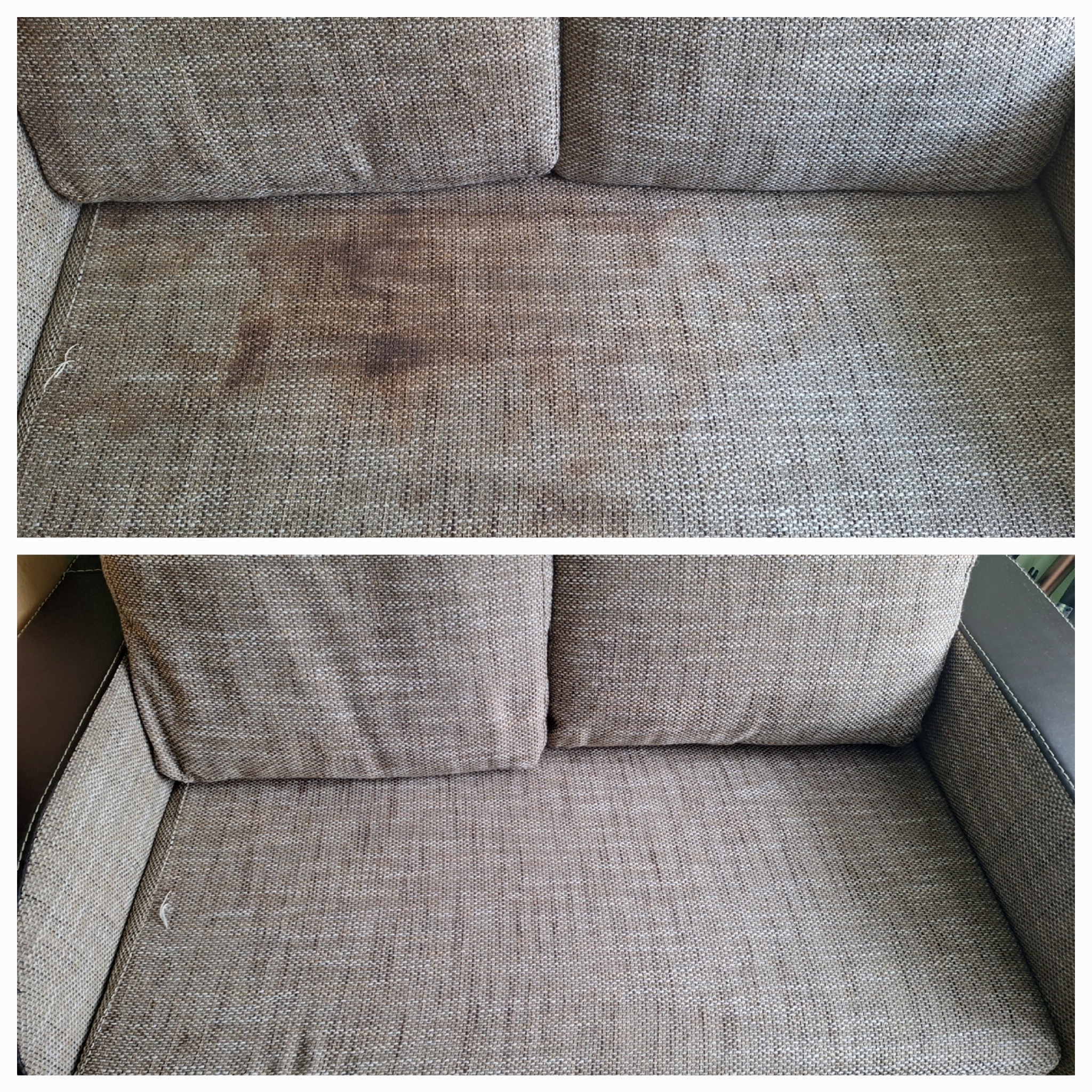 Tapicerka sofy: widoczna plama przed czyszczeniem (górna część) i po czyszczeniu (dolna część).