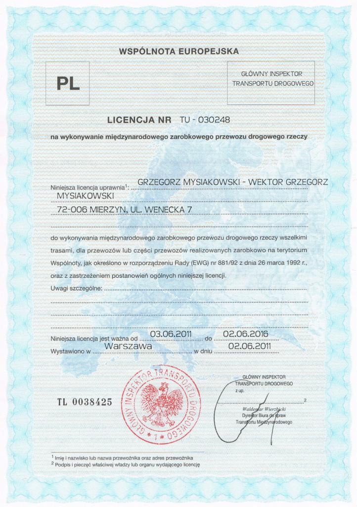 Skan licencji transportowej Wspólnoty Europejskiej, numer TU-030248, ważnej od 03.06.2011 do 02.06.2016, wystawionej w Warszawie dla Grzegorza Mysiakowskiego.