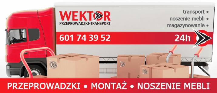 Czerwony samochód dostawczy firmy Wektor z kartonami, oferującej przeprowadzki, montaż i noszenie mebli. Widoczny numer telefonu i logo firmy.