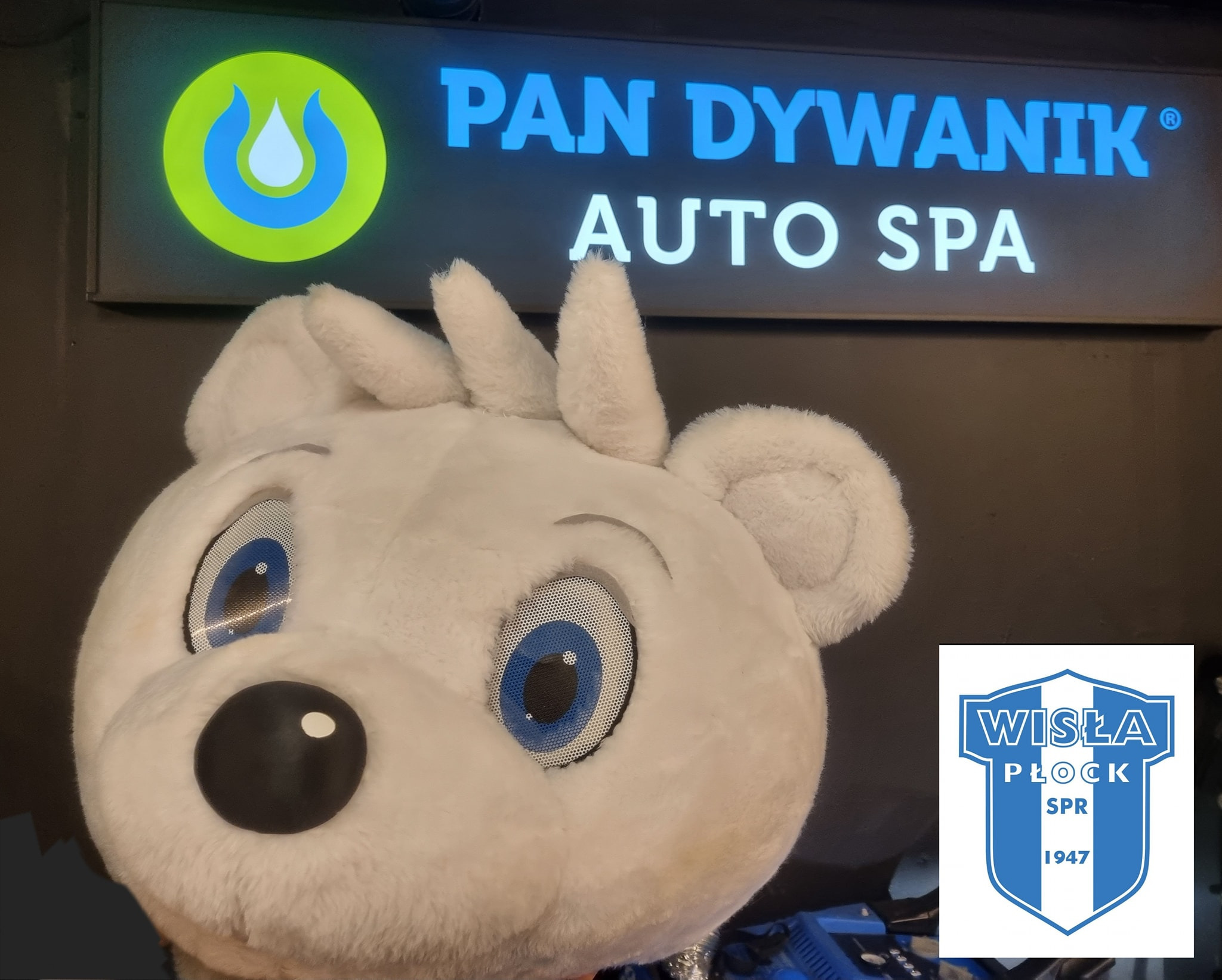 Mascot costume head with large mesh eyes, positioned in front of a sign for 'Pan Dywanik Auto Spa' and the Wisła Płock SPR logo.