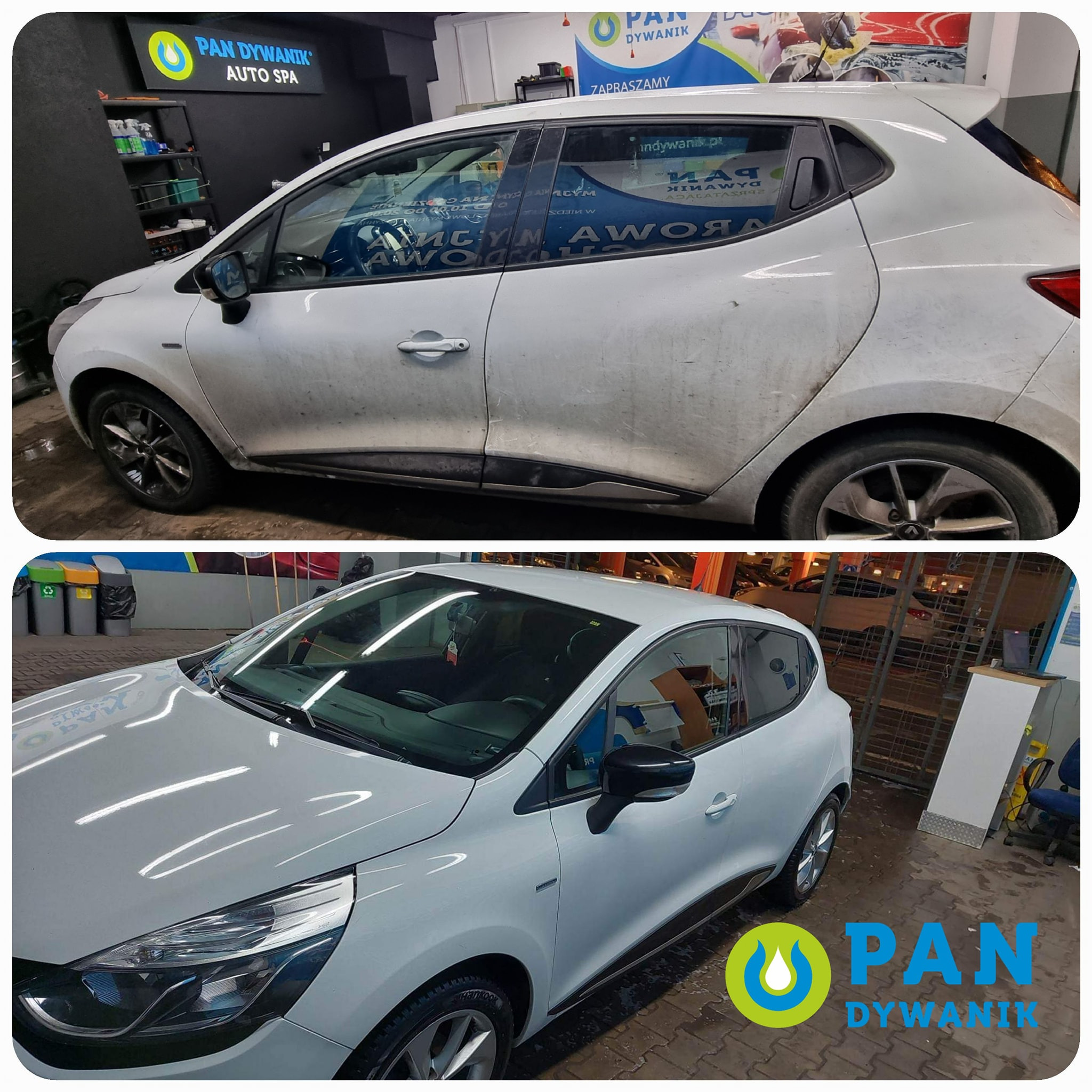 Porównanie wyglądu białego samochodu przed i po umyciu w myjni, widoczne różnice w czystości karoserii i opon.