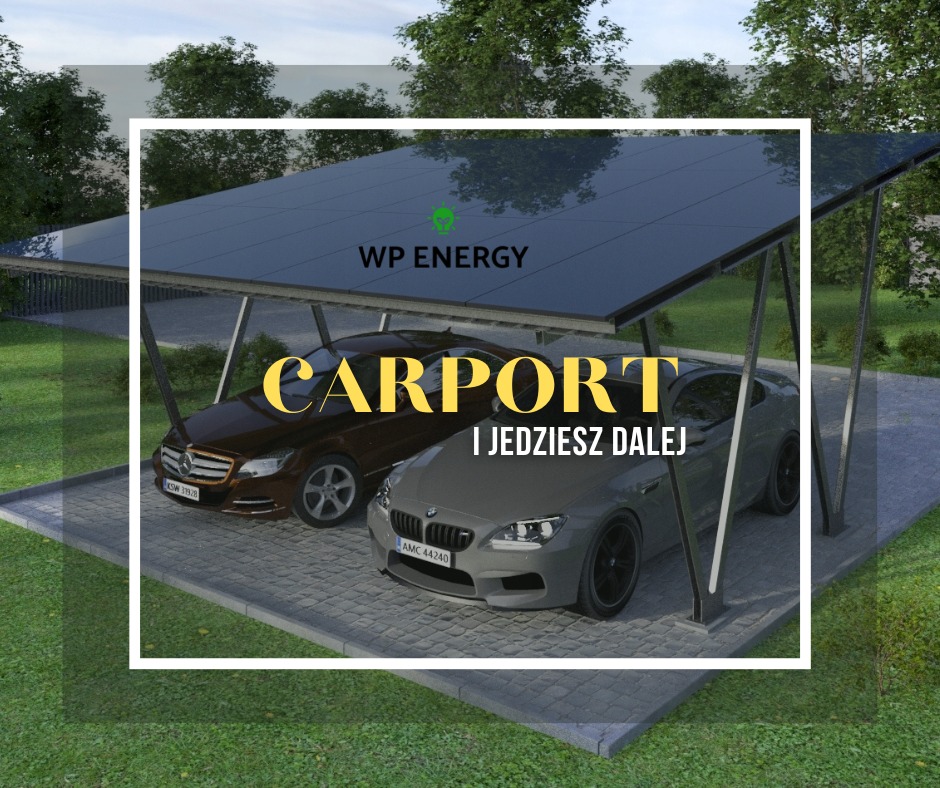 Wizualizacja zadaszenia dla dwóch samochodów z panelami słonecznymi na dachu, otoczonego zielenią.