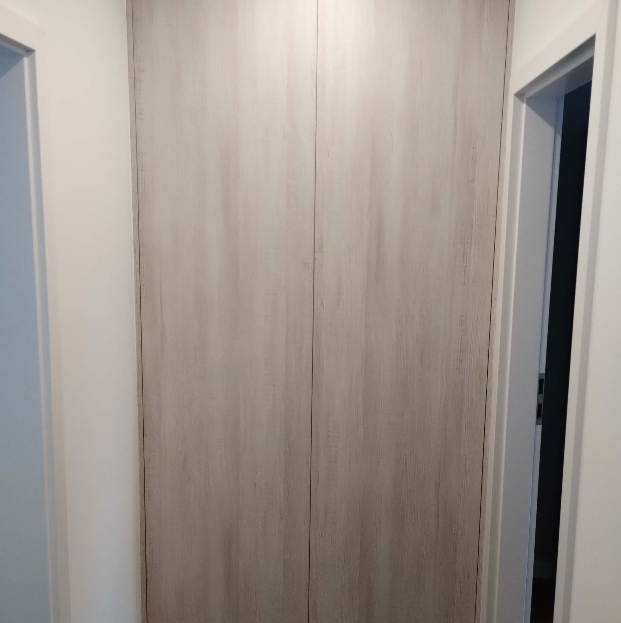 Zamknięte drzwi szafy wnękowej z jasnego drewna z widocznym usłojeniem, wkomponowane w białą ścianę, obok widoczne białe futryny drzwi.