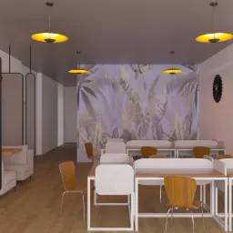 Wizualizacja przestronnej kawiarni coworkingowej z drewnianą podłogą, stołami z białymi blatami i drewnianymi krzesłami, ścianą z motywem tropikalnych liści oraz lampami w kształcie dysków.
