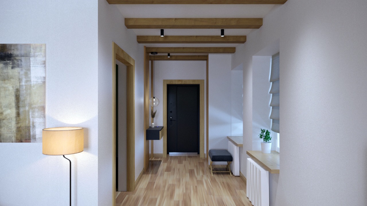 Nowoczesny hol wejściowy z drewnianymi belkami sufitowymi, czarną konsolą i drzwiami, oświetlony lampą podłogową i wiszącą, z abstrakcyjnym obrazem na ścianie.