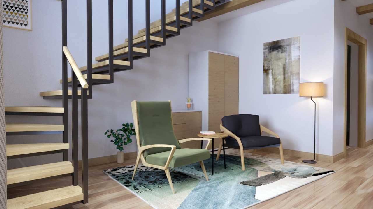 Nowoczesny hol wejściowy z drewnianymi schodami o metalowej konstrukcji, zielonym fotelem, ciemnym fotelem, abstrakcyjnym obrazem na ścianie i lampą podłogową