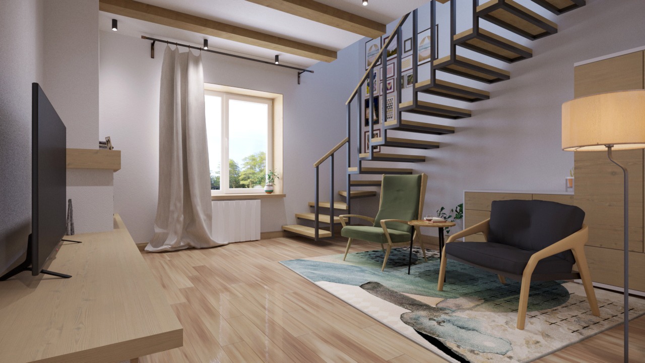 Wnętrze salonu z drewnianymi belkami stropowymi, schodami z metalowymi poręczami i drewnianymi stopniami, zielonym fotelem uszak, szarym fotelem z drewnianą ramą, dywanem w odcieniach błękitu...