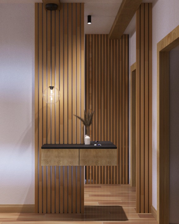 Nowoczesny hol wejściowy z drewnianą boazerią pionową, wiszącą szafką z ciemnym blatem, szklaną lampą kulą i dekoracją z suszonych traw w ceramicznym wazonie.