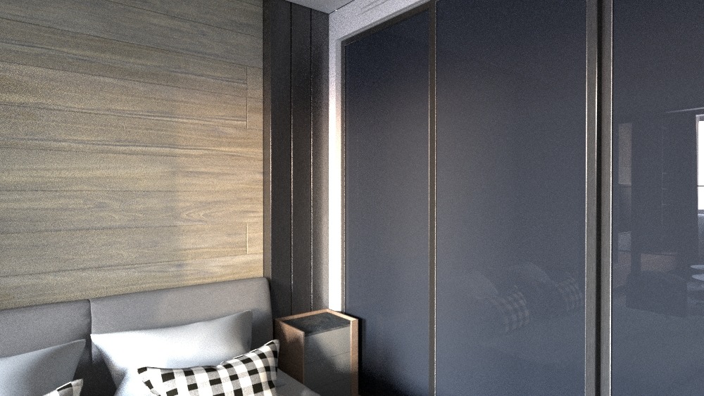 Minimalistyczna sypialnia typu studio z łóżkiem z szarą tapicerką i wzorzystą poduszką, na tle drewnianej ściany i szafy z przesuwnymi, grafitowymi drzwiami.