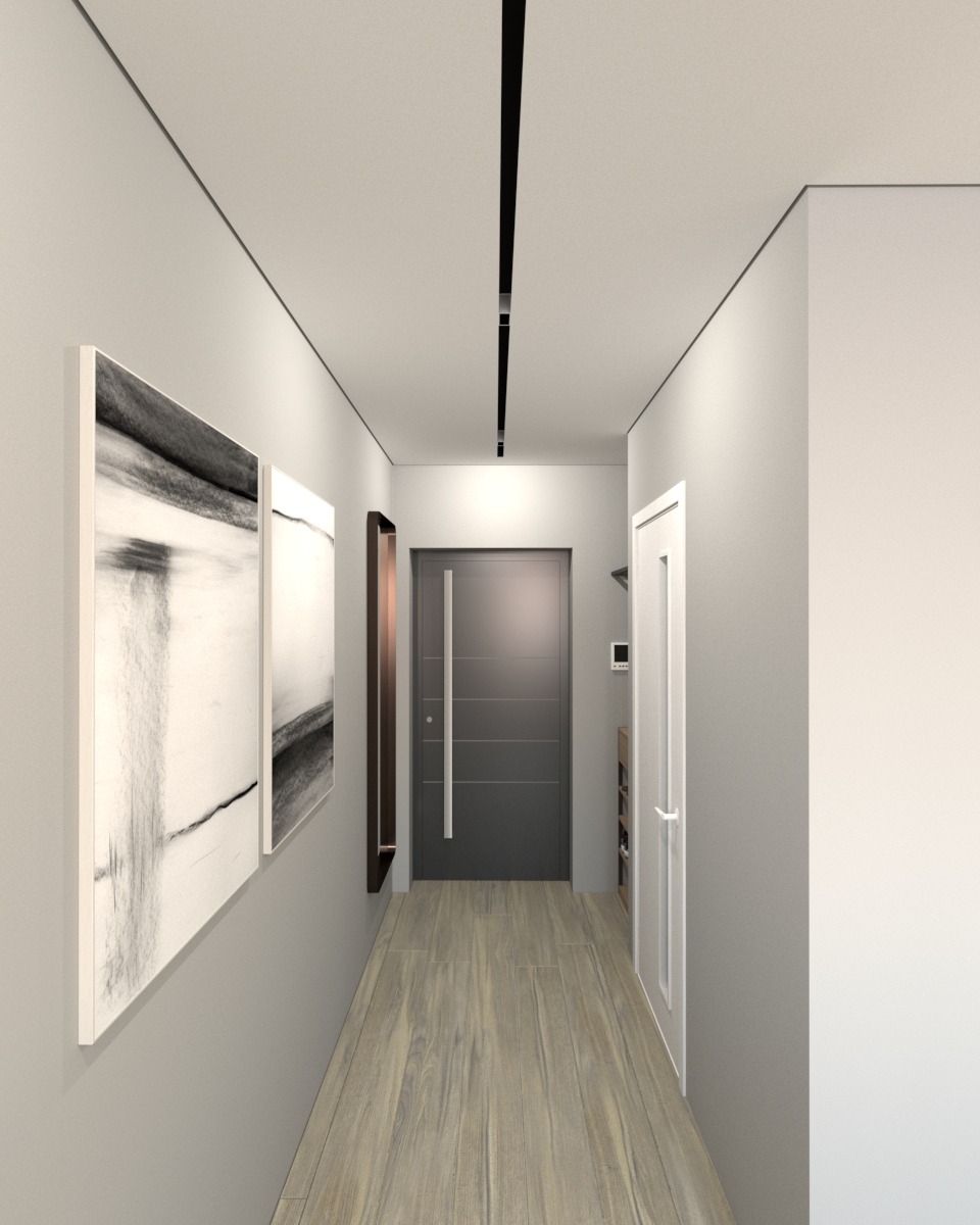 Wizualizacja korytarza wejściowego z drewnianą podłogą, szarą ścianą z dwoma obrazami w białych ramach, szarymi drzwiami wejściowymi i minimalistycznym oświetleniem sufitowym.
