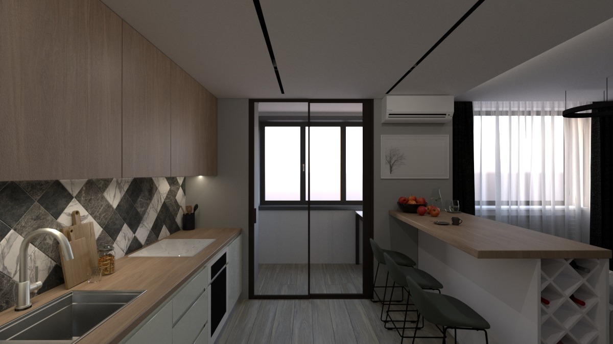 Wnętrze nowoczesnej kuchni typu studio z drewnianymi szafkami, mozaikową ścianą nad blatem, wyspą z hokerami i przeszklonym wyjściem na balkon.