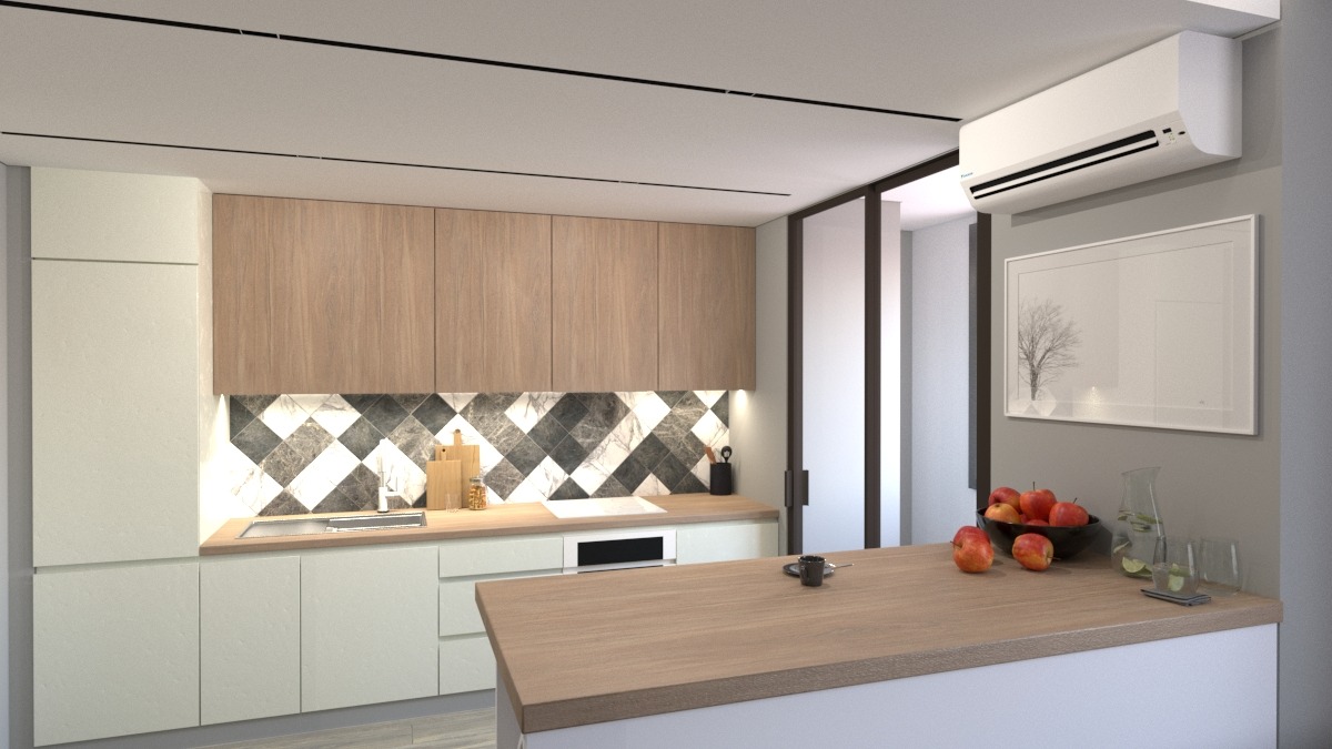 Nowoczesna kuchnia typu studio z drewnianymi szafkami, mozaiką na ścianie, wyspą kuchenną z jabłkami i napojem, klimatyzatorem oraz obrazem z drzewem.