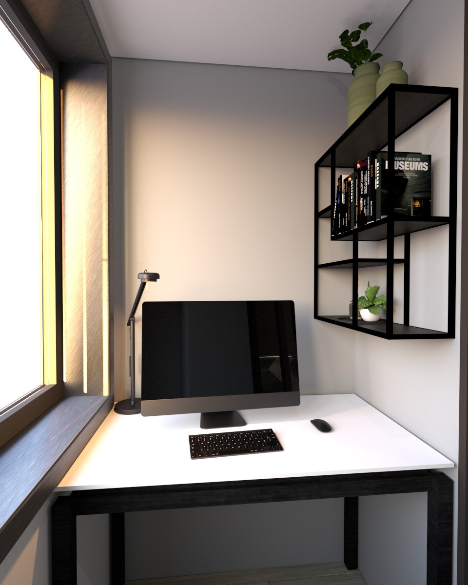 Kompaktowe biuro domowe w stylu minimalistycznym z białym biurkiem, czarną klawiaturą i monitorem, oświetlone lampką biurkową i naturalnym światłem z okna, z półką na książki i roślinami doniczkowymi.