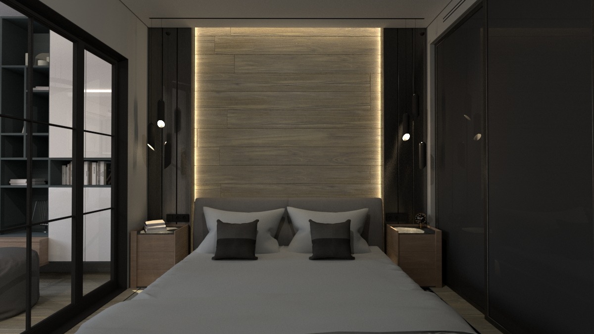Nowoczesna sypialnia w minimalistycznym stylu z drewnianą ścianą z podświetleniem LED, szarą pościelą i czarnymi elementami dekoracyjnymi.