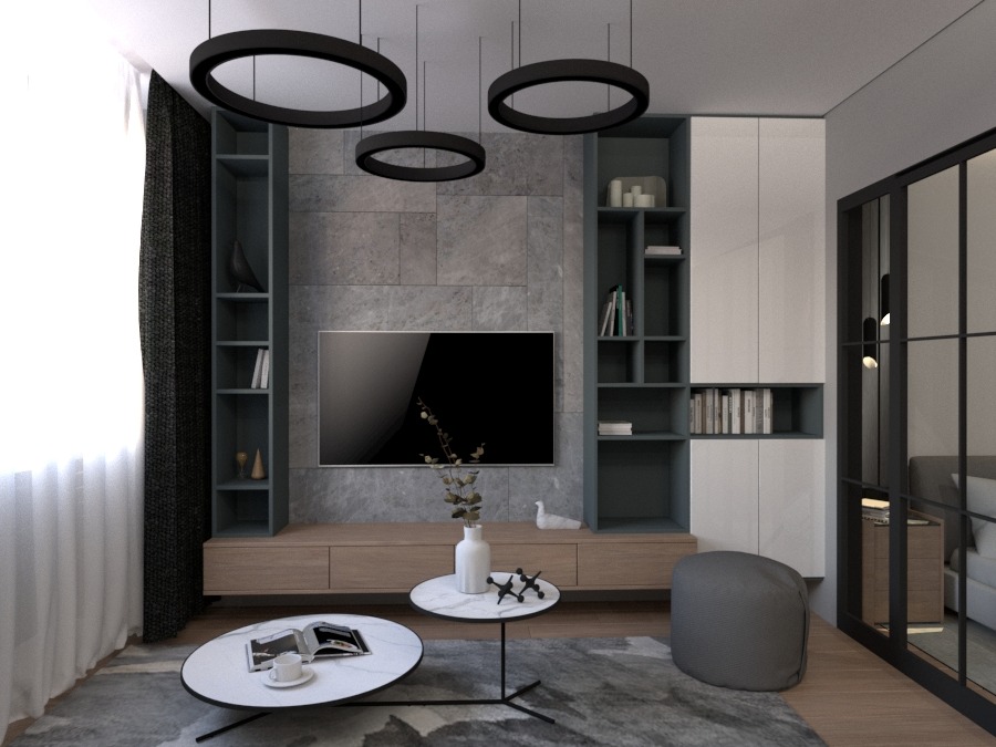 Wizualizacja salonu typu studio z telewizorem na tle szarej ściany, okrągłymi lampami sufitowymi i dwoma okrągłymi stolikami kawowymi na wzorzystym dywanie.