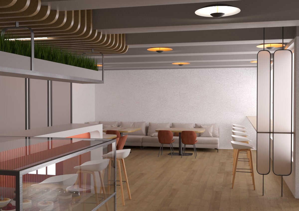 Wizualizacja wnętrza kawiarni coworkingowej w Słupsku: drewniana podłoga, beżowe sofy, pomarańczowe krzesła, przeszklona lada z ekspozycją, dekoracyjny sufit z roślinami.