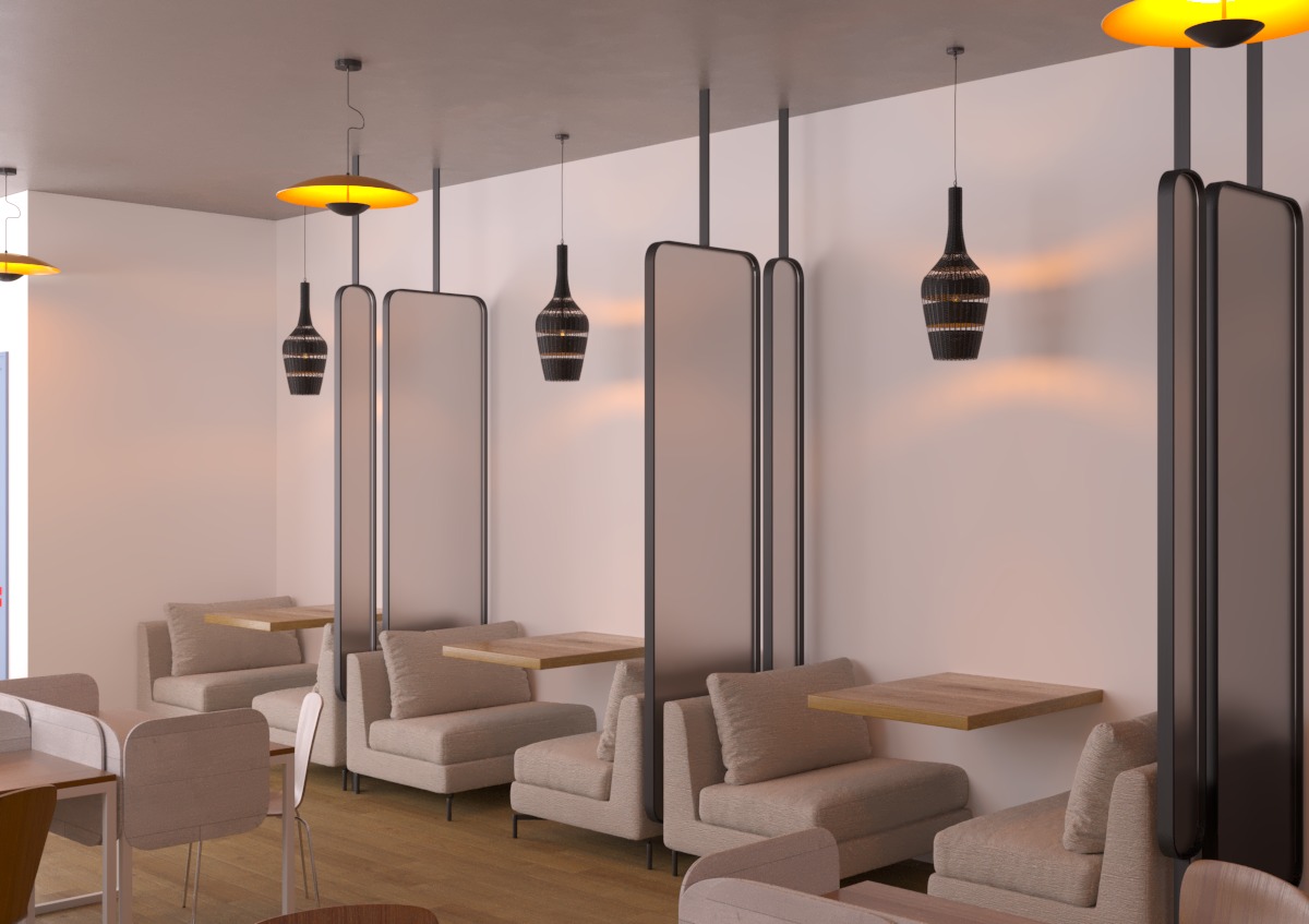 Wizualizacja wnętrza kawiarni coworkingowej z wydzielonymi strefami do pracy i relaksu, oświetlonymi wiszącymi lampami z plecionym kloszem i lampami dyskami, z drewnianymi stolikami i wygodnymi...