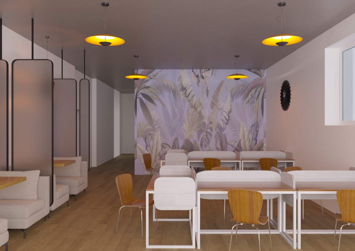 Wizualizacja przestronnej kawiarni coworkingowej z drewnianą podłogą, stołami z białymi blatami i drewnianymi krzesłami, ścianą z motywem tropikalnych liści oraz lampami w kształcie dysków.