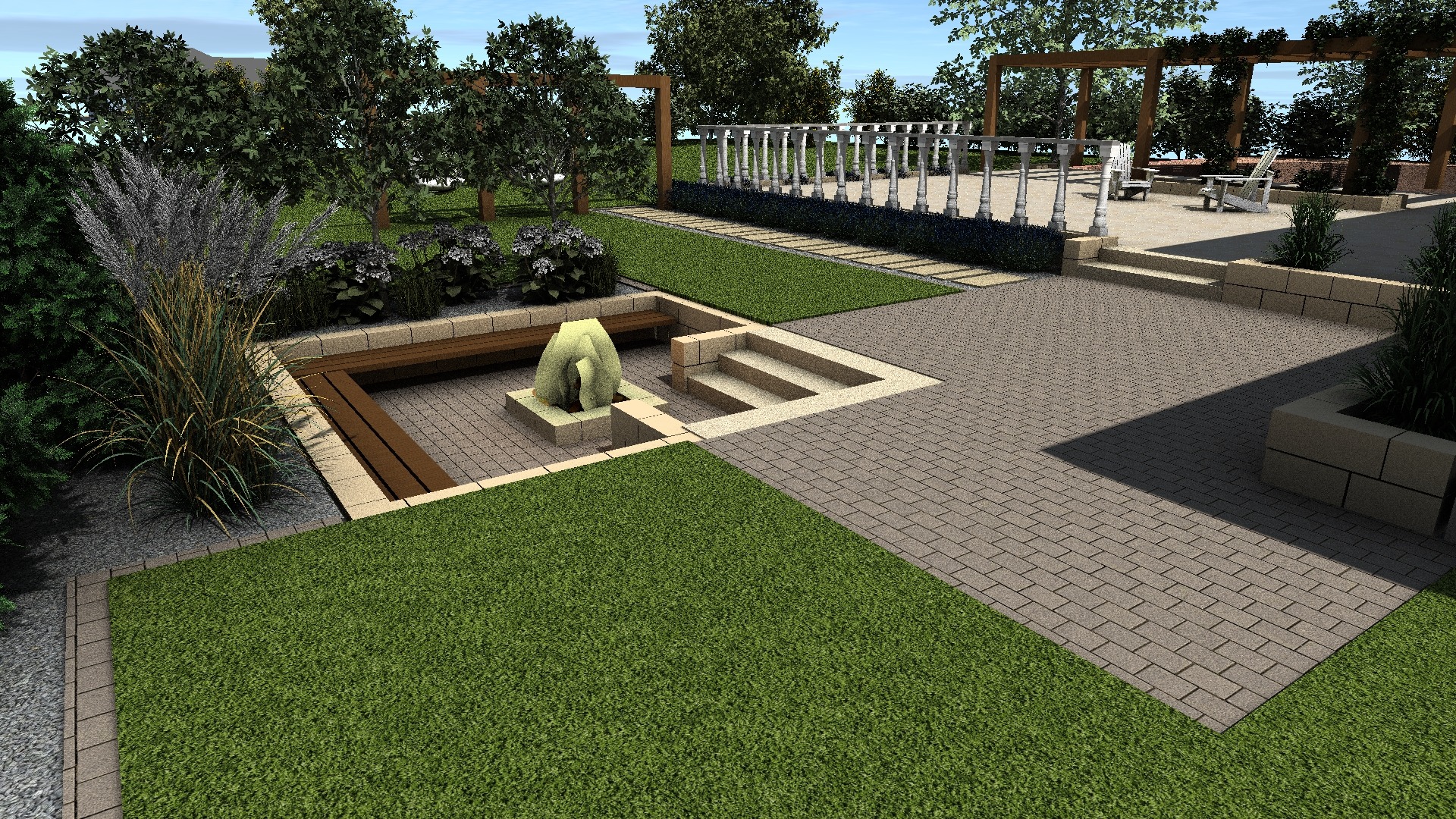 Wizualizacja ogrodu z centralnie umieszczoną strefą wypoczynkową z ławkami i rzeźbą, otoczoną trawnikiem i roślinnością ozdobną, z pergolą w tle.