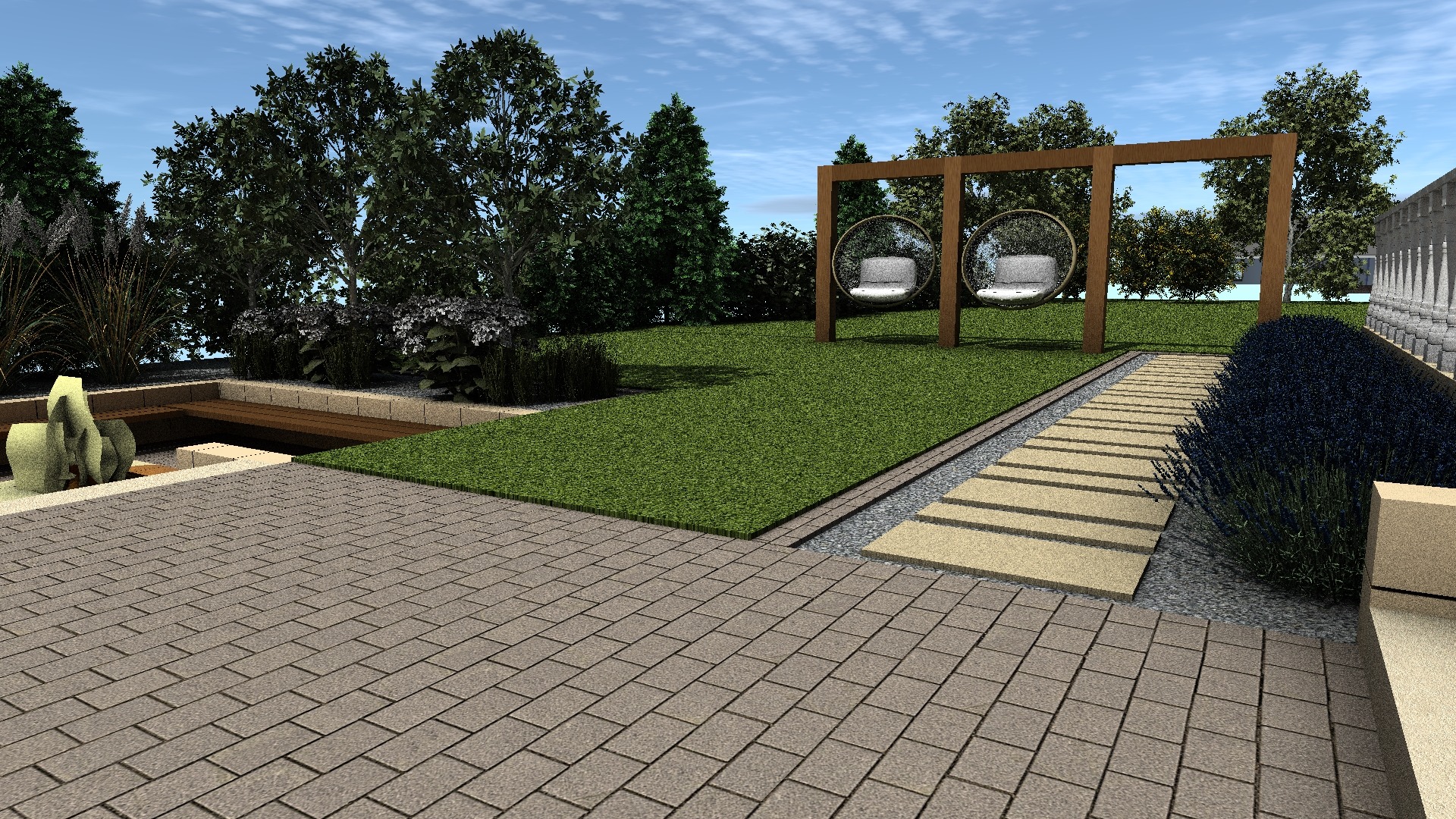 Wizualizacja ogrodu z trawnikiem, ścieżką z płyt, roślinami ozdobnymi i wiszącymi fotelami na drewnianej konstrukcji.