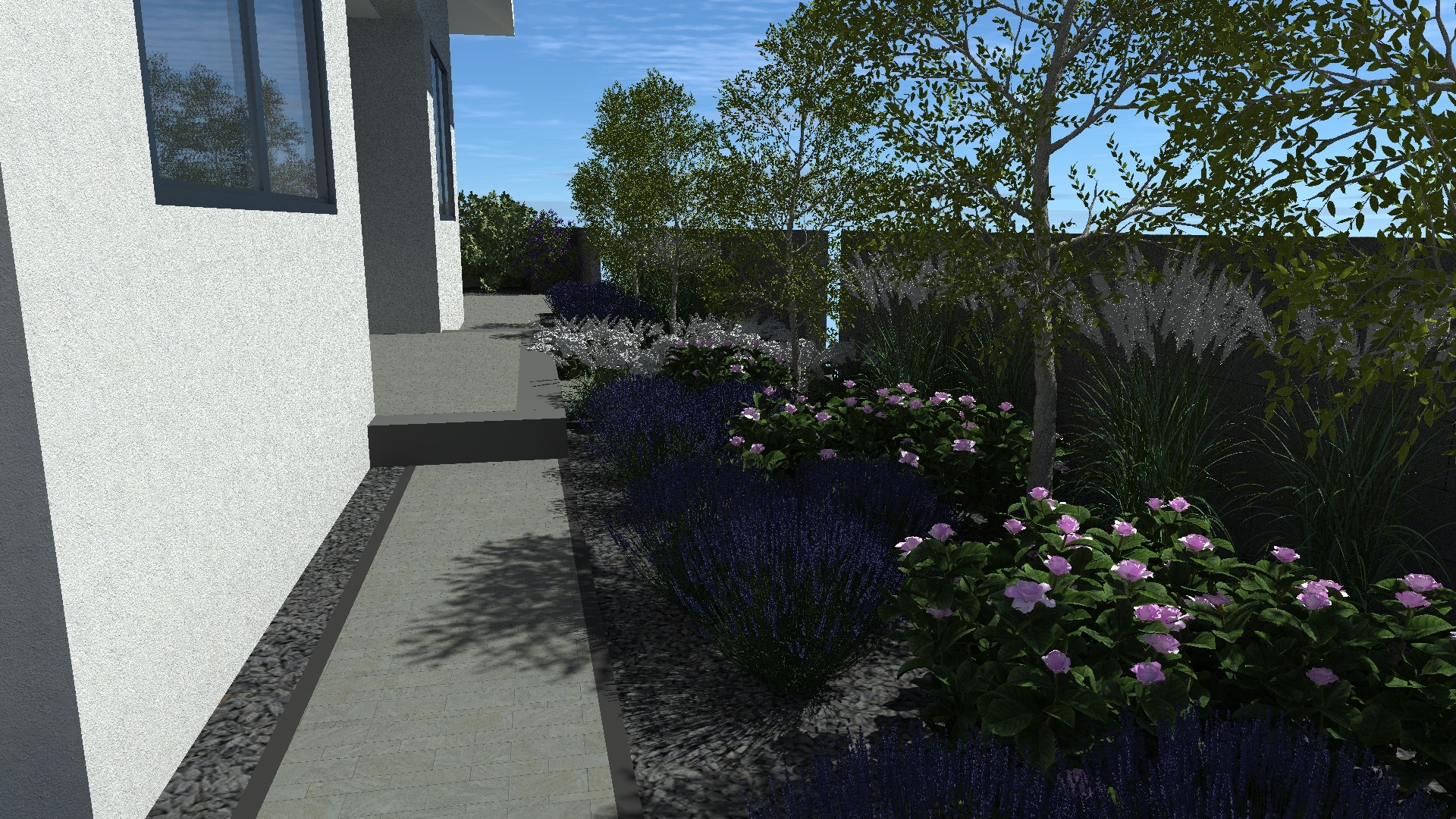 Wizualizacja ogrodu przydomowego z nasadzeniami: lawenda, hortensje, trawy ozdobne i drzewa liściaste wzdłuż ścieżki.