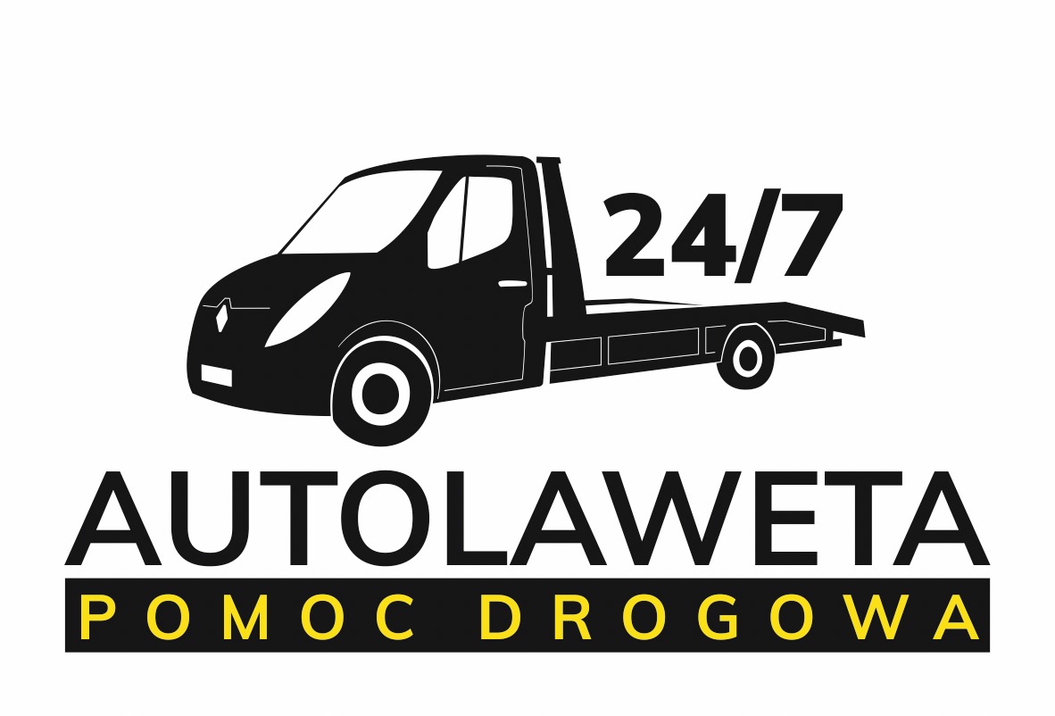 Czarno-biała grafika wektorowa przedstawia sylwetkę pojazdu z platformą transportową, napis 'AUTOLAWETA' oraz 'POMOC DROGOWA' na czarnym tle z żółtymi literami i '24/7' w prawym górnym rogu.